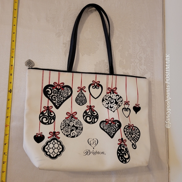 BRIGHTON holiday love notes tote bag purse w/logo heart zipper pull black red - Picture 4 of 17